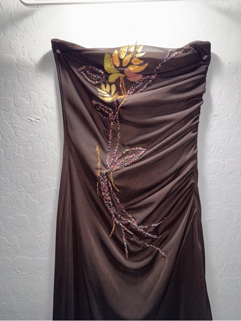 Brown Strapless Evening Gown with Gold & Pink Floral Embroidery